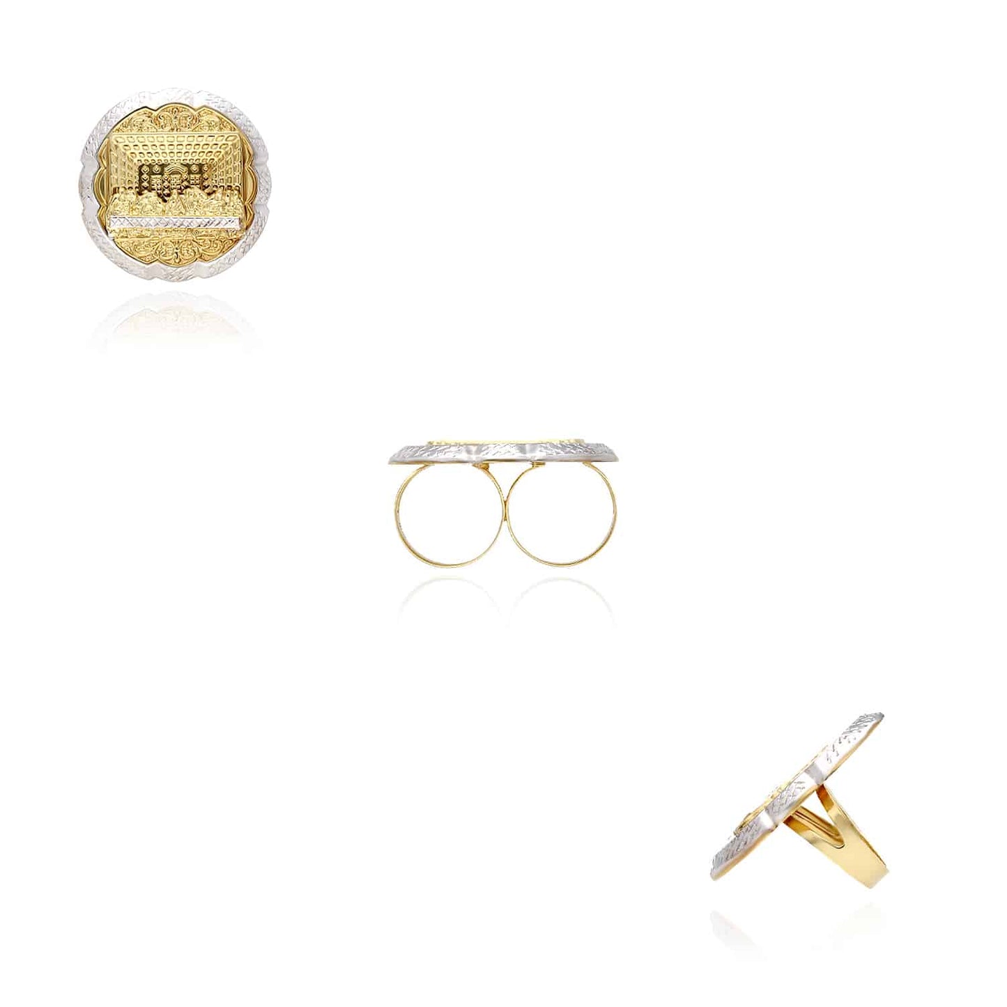 10K Gold Two-Tone White Yellow Round Last Supper Two-Finger Ring