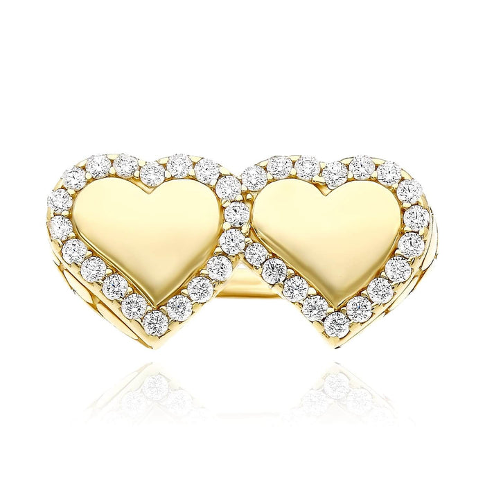 10K Gold Yellow CZ Double Heart Signet Ring - WJD Exclusives