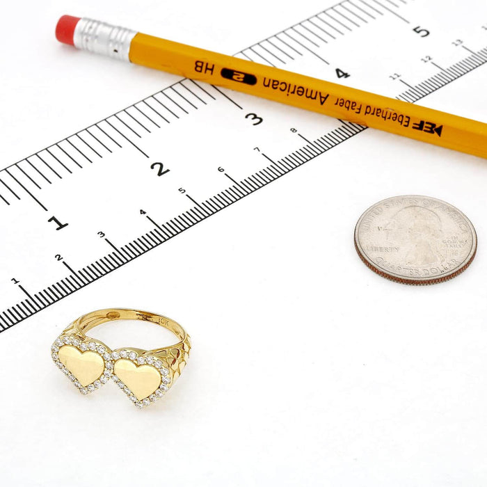 10K Gold Yellow CZ Double Heart Signet Ring - WJD Exclusives