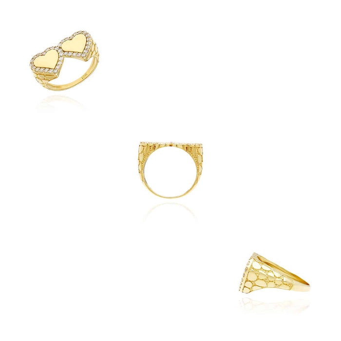 10K Gold Yellow CZ Double Heart Signet Ring - WJD Exclusives