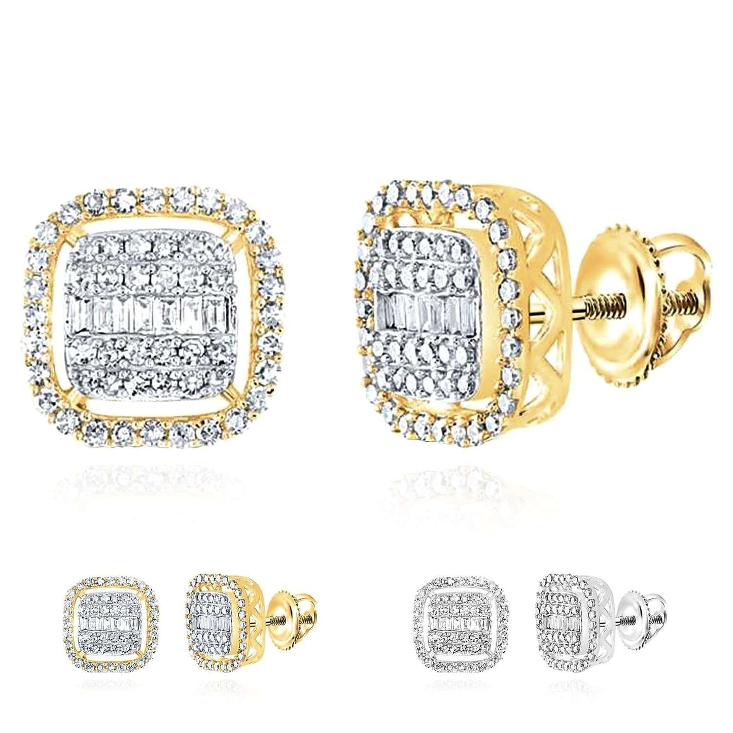 0.60CTW Real Diamond 10K Gold Yellow White Baguette Square Stud Earrings 10mm