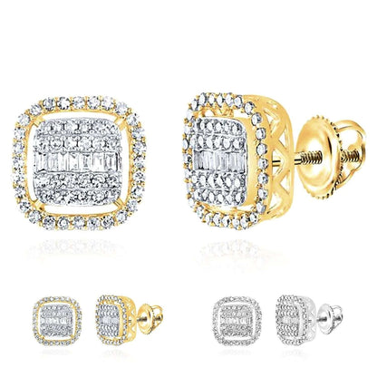 0.60CTW Real Diamond 10K Gold Yellow White Baguette Square Stud Earrings 10mm