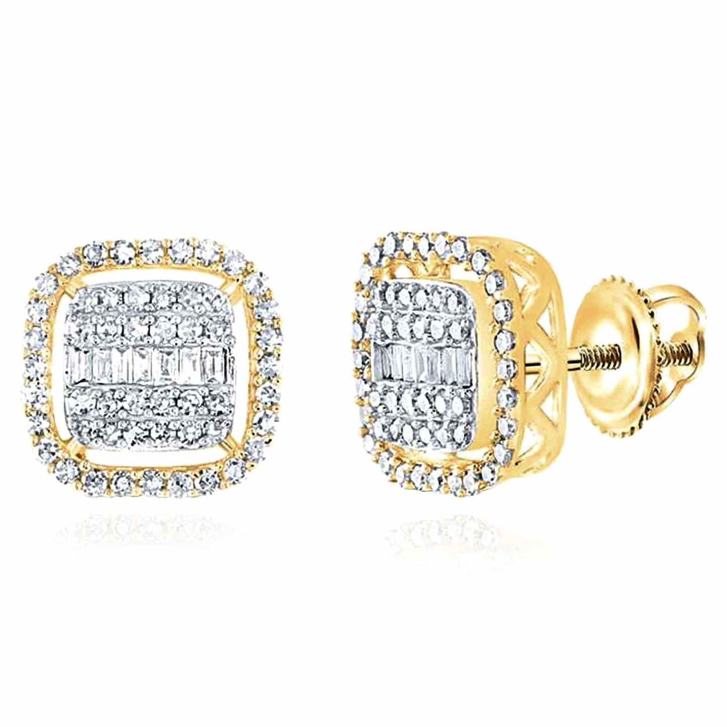 0.60CTW Real Diamond 10K Gold Yellow White Baguette Square Stud Earrings 10mm