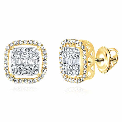 0.60CTW Real Diamond 10K Gold Yellow White Baguette Square Stud Earrings 10mm