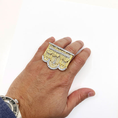 10K Gold Two-Tone Yellow White Diamond Cut Last Supper 3D Two-Finger Ring
