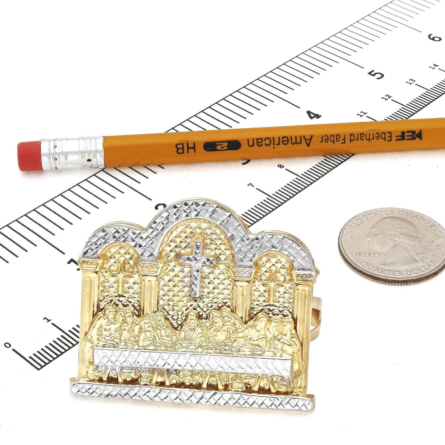 10K Gold Two-Tone Yellow White Diamond Cut Last Supper 3D Two-Finger Ring