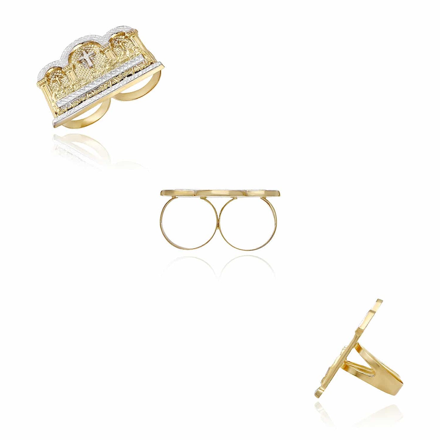 10K Gold Two-Tone Yellow White Diamond Cut Last Supper 3D Two-Finger Ring
