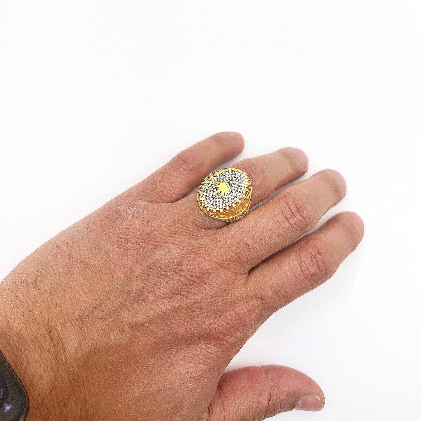 14K Real Gold Yellow CZ Pave Ornaments Crown Signet Ring