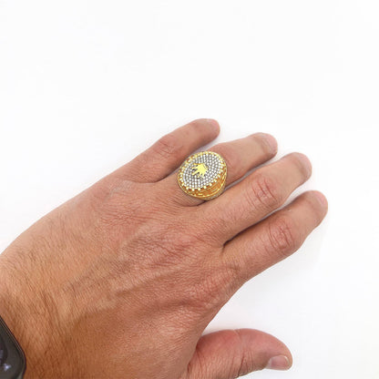 14K Real Gold Yellow CZ Pave Ornaments Crown Signet Ring