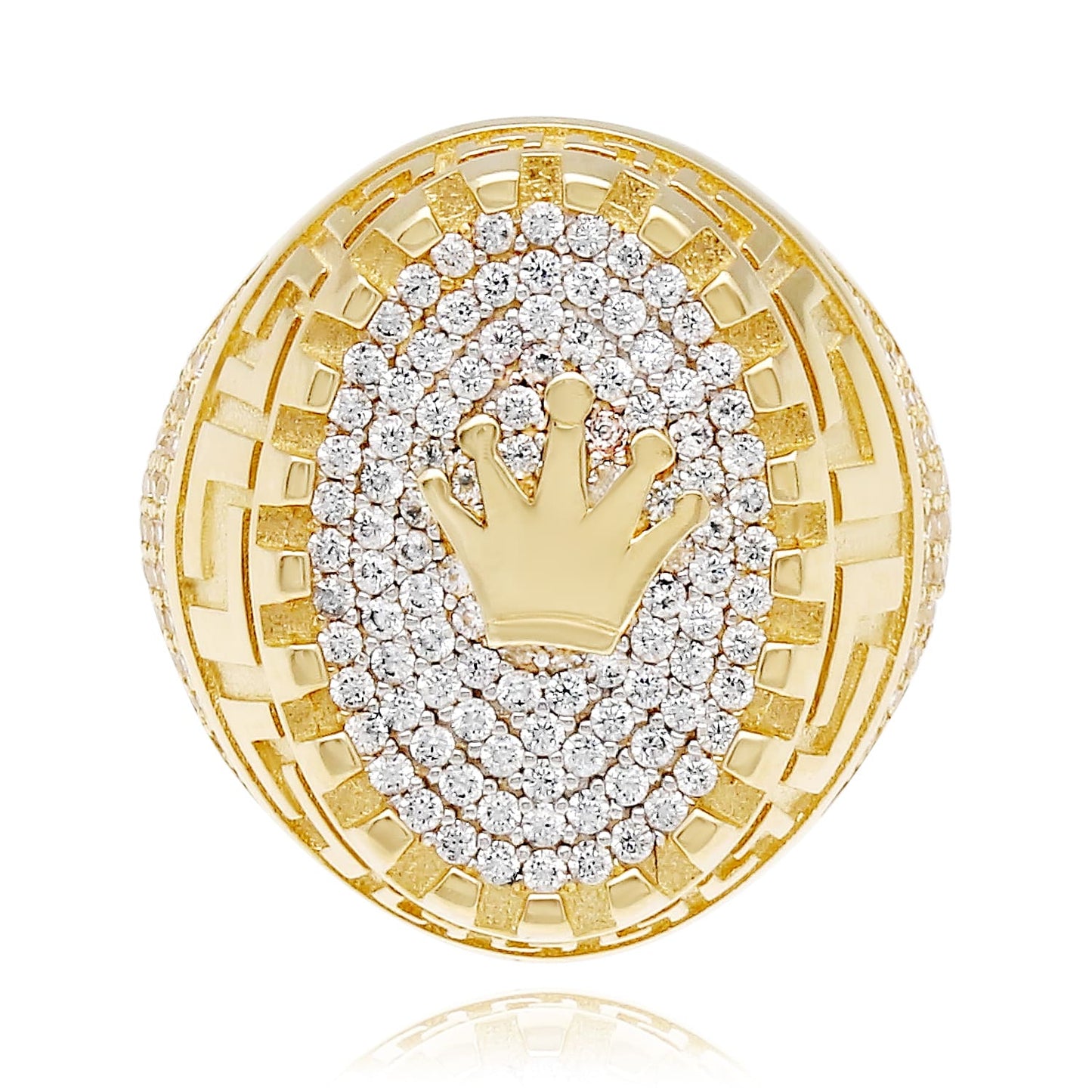 14K Real Gold Yellow CZ Pave Ornaments Crown Signet Ring