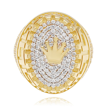 14K Real Gold Yellow CZ Pave Ornaments Crown Signet Ring
