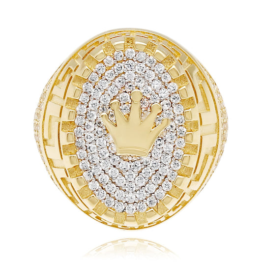 14K Real Gold Yellow CZ Pave Ornaments Crown Signet Ring