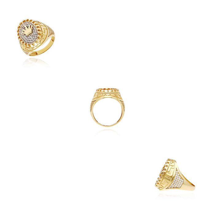 14K Gold Yellow CZ Pave Ornaments Crown Signet Ring - WJD Exclusives