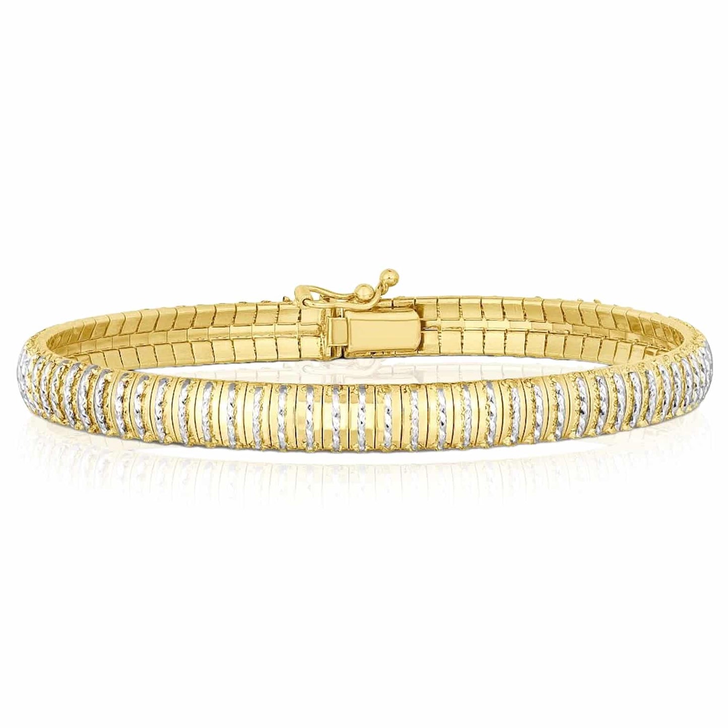 14K Real Gold Yellow White Rose 6mm Diamond-Cut Bulky Flexible Bangle Bracelet 7"
