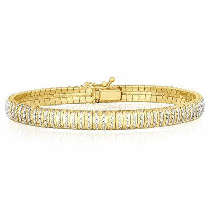 14K Real Gold Yellow White Rose 6mm Diamond-Cut Bulky Flexible Bangle Bracelet 7"