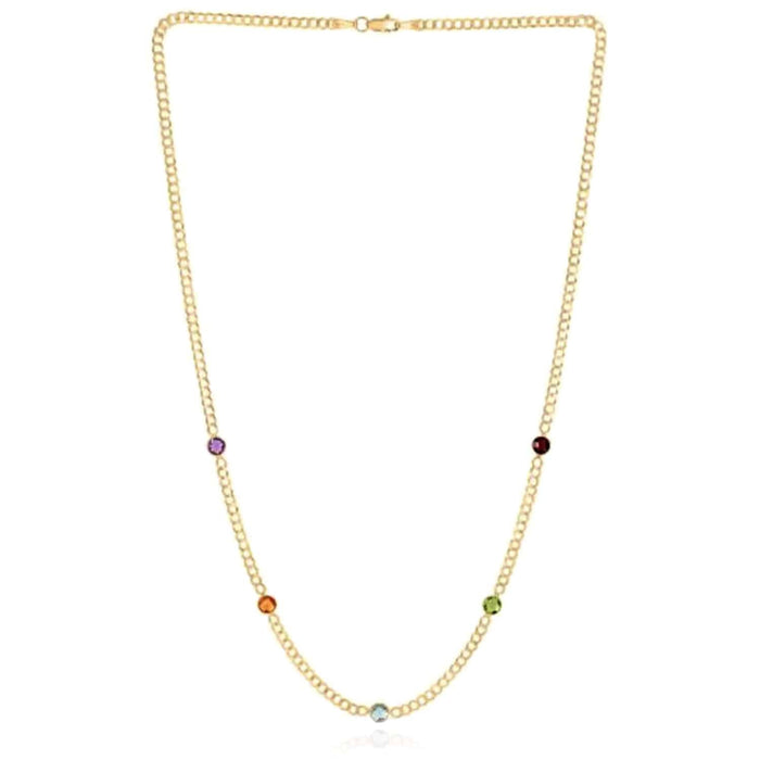 14K Yellow Gold Amethyst Blue Topaz Citrine Garnet Peridot Station Necklace (Solid Links) 17" - WJD Exclusives