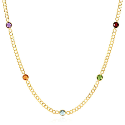 14K Yellow Gold Amethyst Blue Topaz Citrine Garnet Peridot Station Necklace (Solid Links) 17" - WJD Exclusives