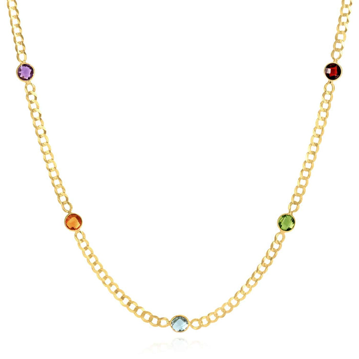 14K Yellow Gold Amethyst Blue Topaz Citrine Garnet Peridot Station Necklace (Solid Links) 17" - WJD Exclusives