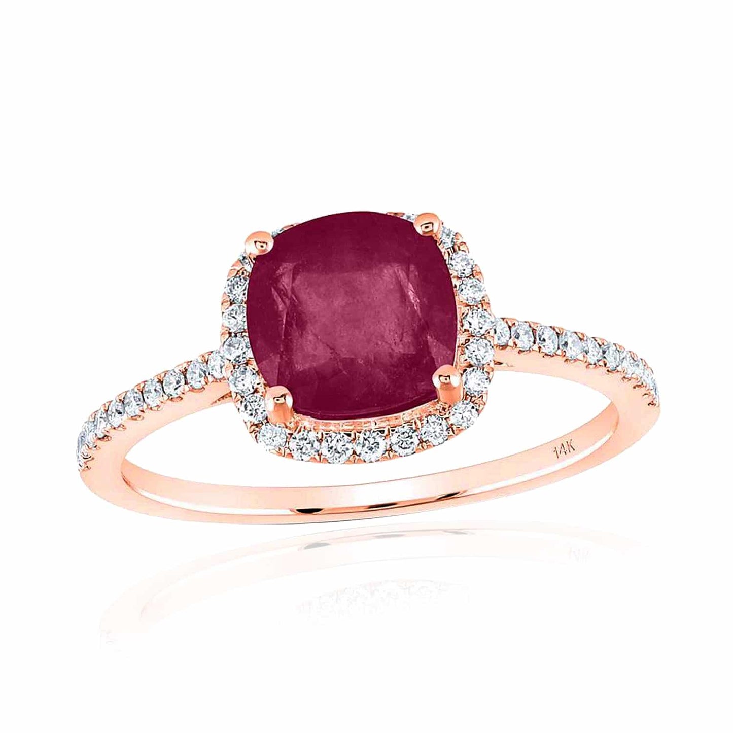 2CTW Real Diamond 14K Real Gold Rose Cushion-Cut Ruby Halo Cocktail Ring
