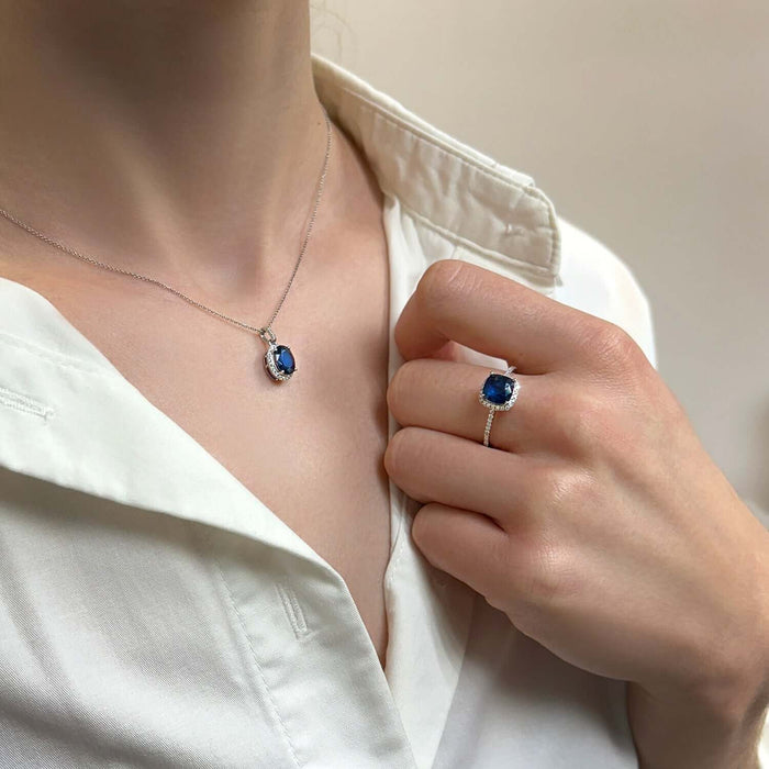 1.64CTW Natural Diamond 14K White Gold Oval Blue Sapphire Solitaire Halo Pendant - WJD Exclusives