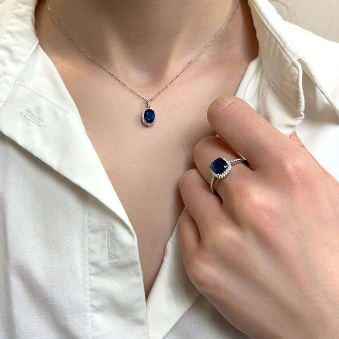 1.64CTW Natural Diamond 14K White Gold Oval Blue Sapphire Solitaire Halo Pendant - WJD Exclusives