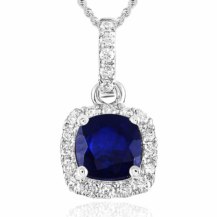 0.98CTW Natural Diamond 14K White Gold Sapphire Solitaire Halo Pendant 0.4" - WJD Exclusives