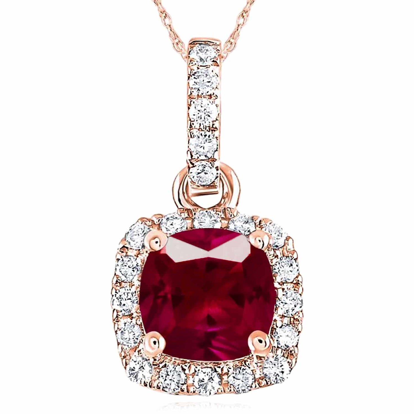 0.76CTW Real Diamond 14K Rose Gold Cushion Ruby Solitaire Halo Pendant 0.4"