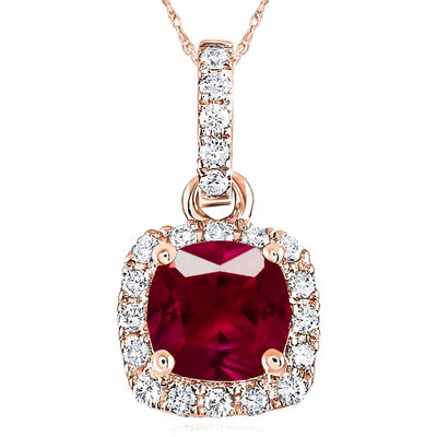 0.76CTW Natural Diamond 14K Rose Gold Cushion Ruby Solitaire Halo Pendant 0.4" - WJD Exclusives