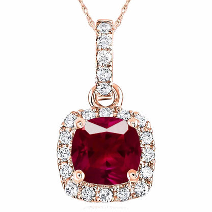 0.76CTW Real Diamond 14K Rose Gold Cushion Ruby Solitaire Halo Pendant 0.4"