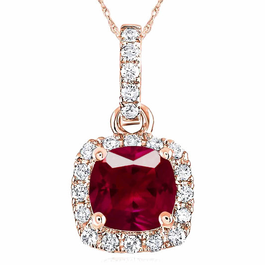 0.76CTW Real Diamond 14K Rose Gold Cushion Ruby Solitaire Halo Pendant 0.4"