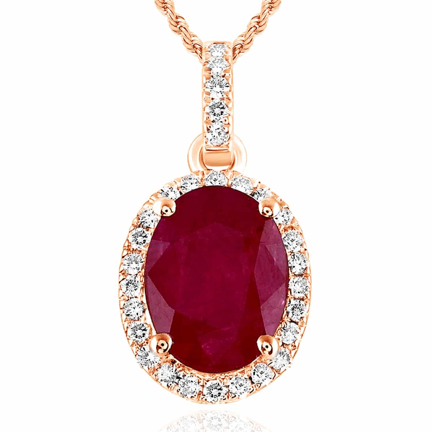 1.41CTW Real Diamond 14K Rose Gold Oval Ruby Solitaire Halo Pendant 0.6"