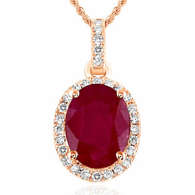 1.41CTW Natural Diamond 14K Rose Gold Oval Ruby Solitaire Halo Pendant 0.6" - WJD Exclusives