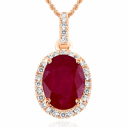 1.41CTW Real Diamond 14K Rose Gold Oval Ruby Solitaire Halo Pendant 0.6"