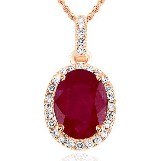 1.41CTW Real Diamond 14K Rose Gold Oval Ruby Solitaire Halo Pendant 0.6"