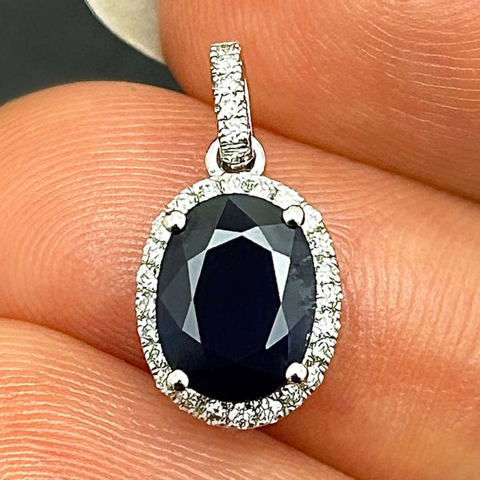 1.64CTW Natural Diamond 14K White Gold Oval Blue Sapphire Solitaire Halo Pendant - WJD Exclusives