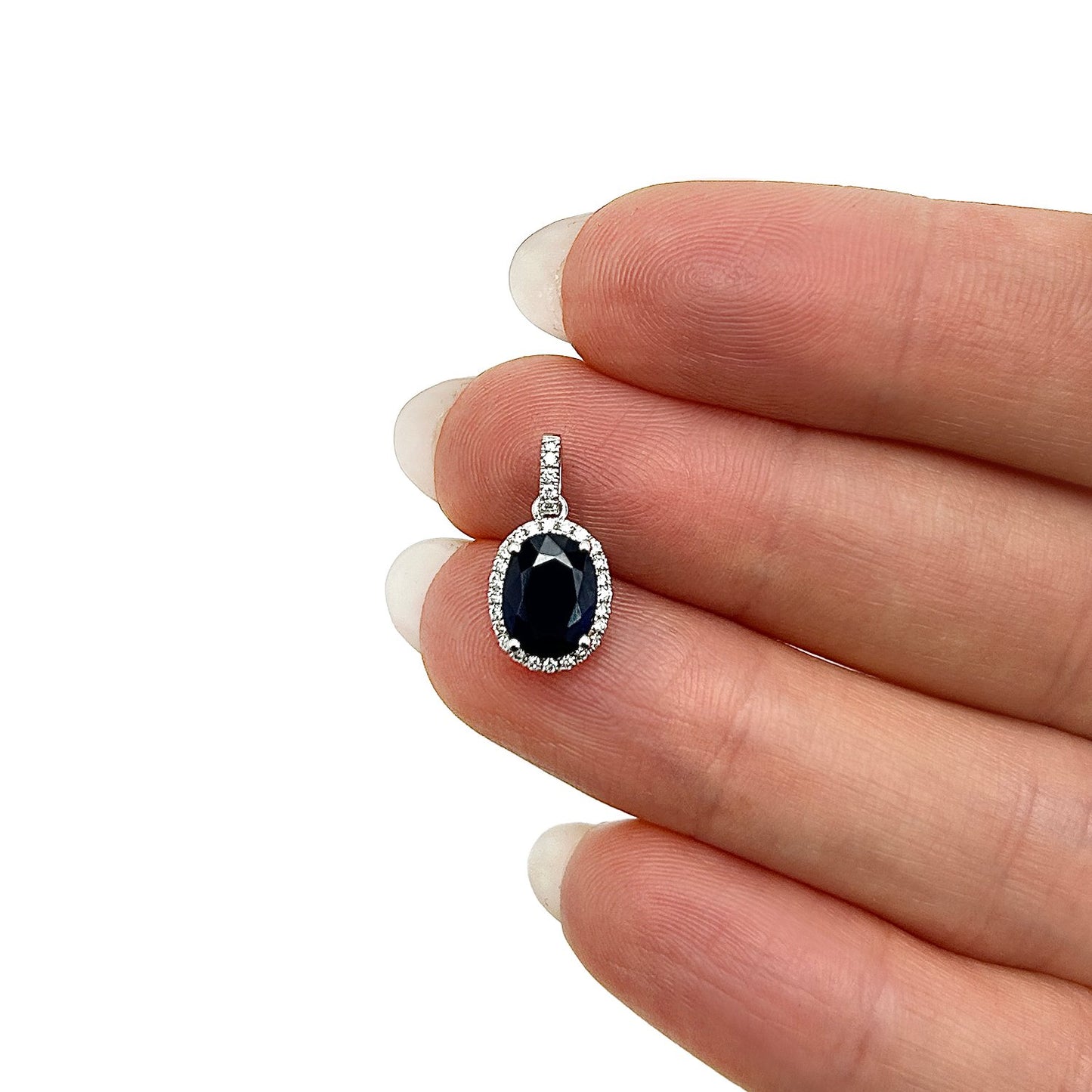 1.64CTW Real Diamond 14K White Gold Oval Blue Sapphire Solitaire Halo Pendant