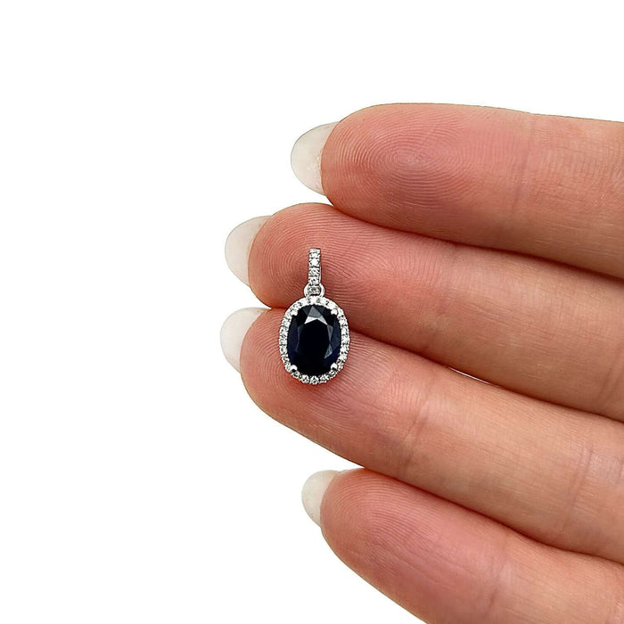 1.64CTW Natural Diamond 14K White Gold Oval Blue Sapphire Solitaire Halo Pendant - WJD Exclusives