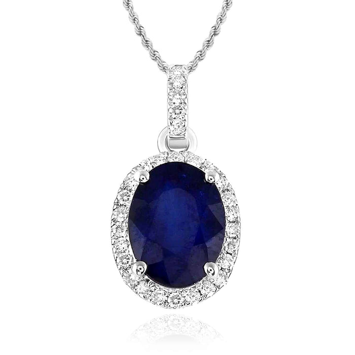 1.64CTW Natural Diamond 14K White Gold Oval Blue Sapphire Solitaire Halo Pendant - WJD Exclusives