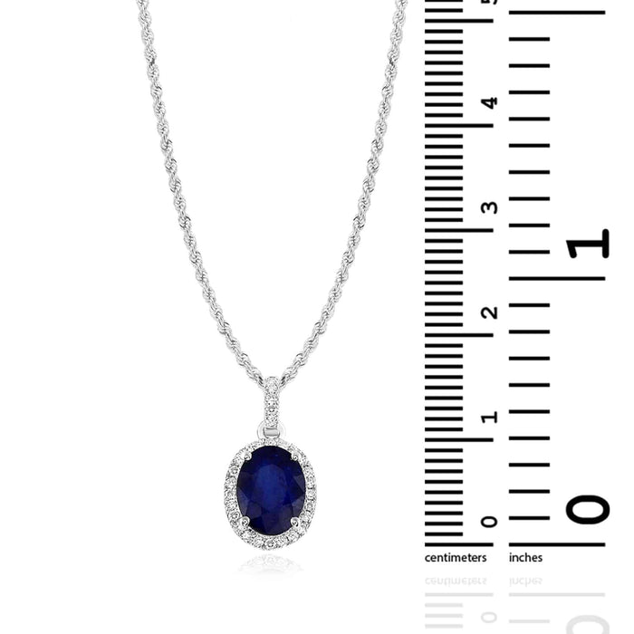 1.64CTW Natural Diamond 14K White Gold Oval Blue Sapphire Solitaire Halo Pendant - WJD Exclusives