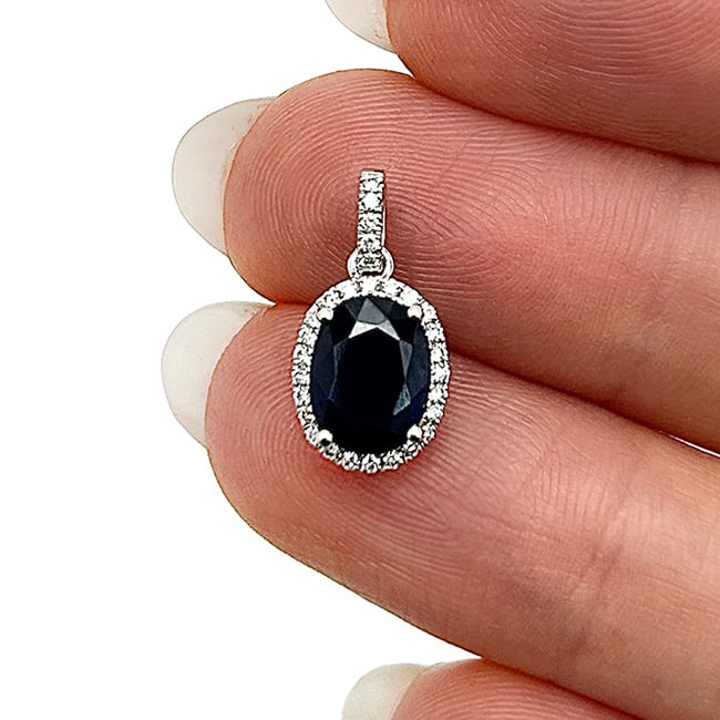 1.64CTW Real Diamond 14K White Gold Oval Blue Sapphire Solitaire Halo Pendant