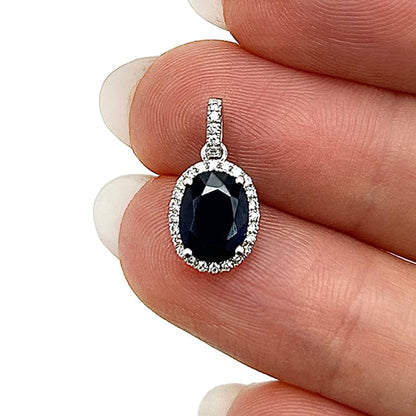1.64CTW Real Diamond 14K White Gold Oval Blue Sapphire Solitaire Halo Pendant