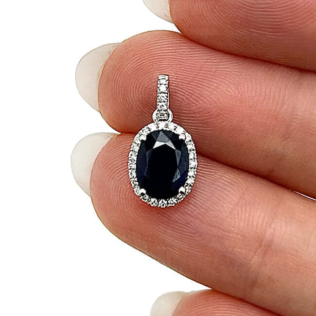 1.64CTW Natural Diamond 14K White Gold Oval Blue Sapphire Solitaire Halo Pendant - WJD Exclusives