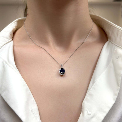 1.64CTW Real Diamond 14K White Gold Oval Blue Sapphire Solitaire Halo Pendant
