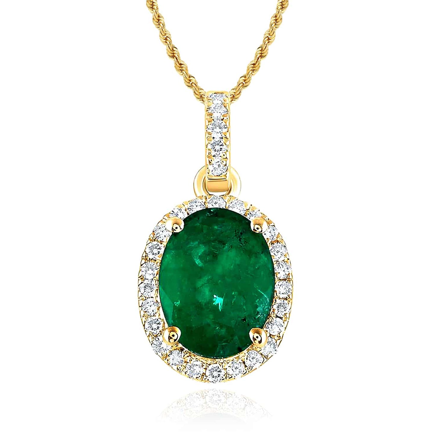 1.10CTW Real Diamond 14K Real Gold Green Oval Emerald Halo Pendant 0.55"