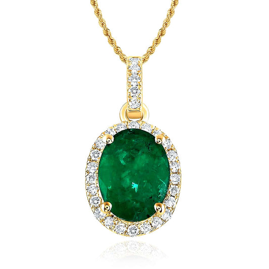 1.10CTW Real Diamond 14K Real Gold Green Oval Emerald Halo Pendant 0.55"