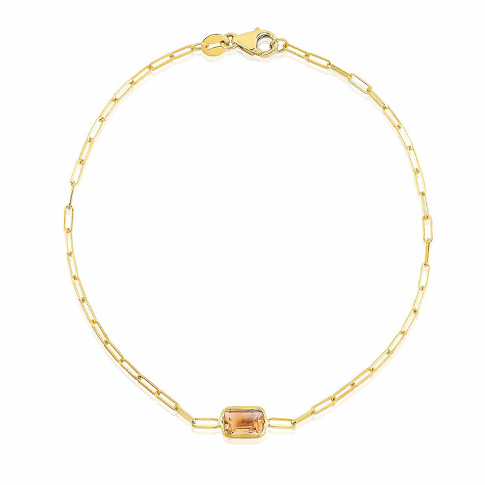14K Yellow Gold Bezel Baguette Gemstones Paperclip Bracelet (Solid Links) 7" - WJD Exclusives
