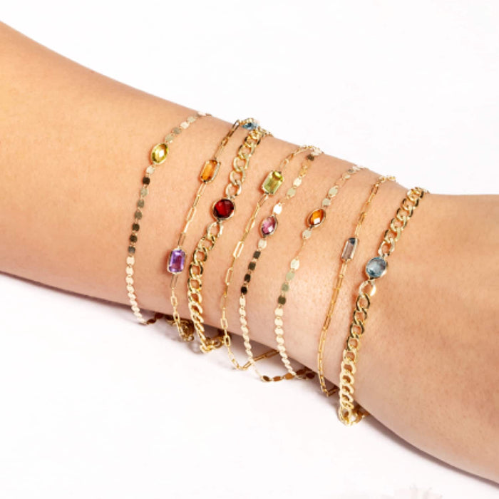 14K Yellow Gold Bezel Baguette Gemstones Paperclip Bracelet (Solid Links) 7" - WJD Exclusives