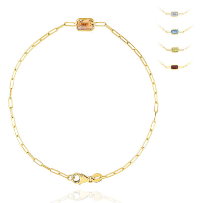 14K Yellow Gold Bezel Baguette Gemstones Paperclip Bracelet (Solid Links) 7" - WJD Exclusives