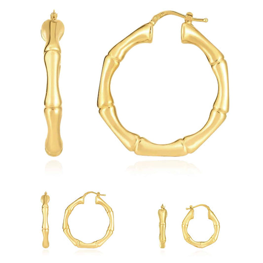 Real 14K Gold Hinged Bamboo Hoop Earrings 25mm-35mm