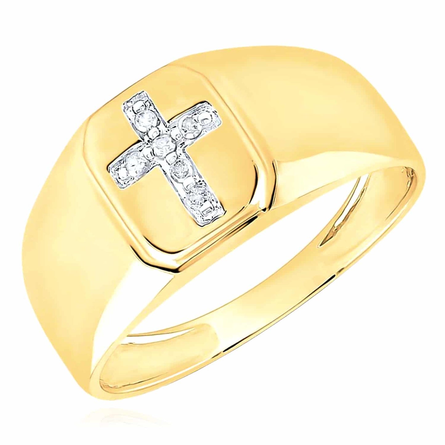 0.06CTW Real Diamond 10K Yellow Gold Cross Signet Ring